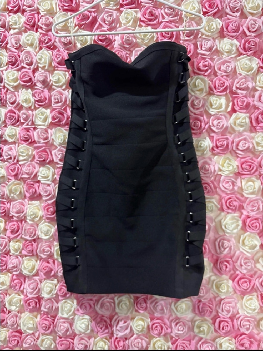 iris Black Strapless Bodycon Dress with Side Lace Details